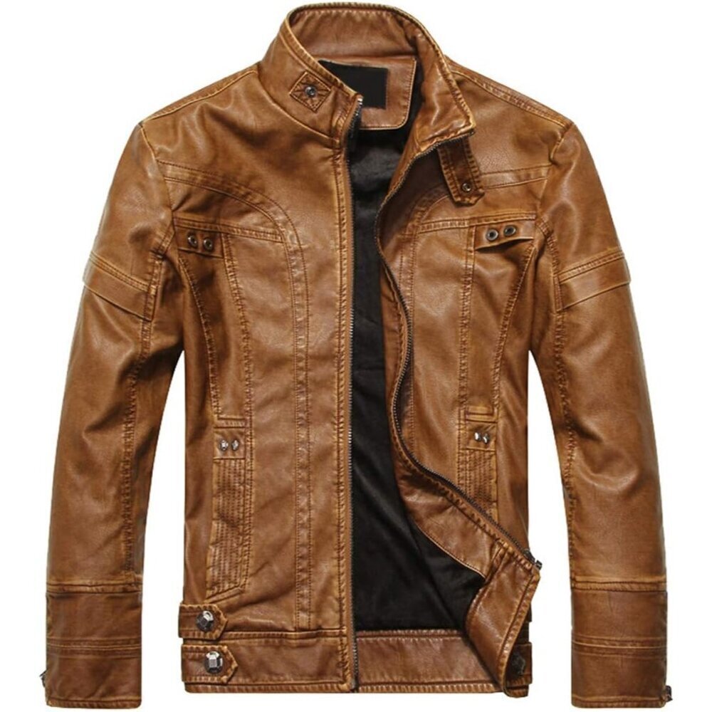 Men's Khaki Vintage Stand Collar Motorcycle PU Faux Leather Jacket and Coat
